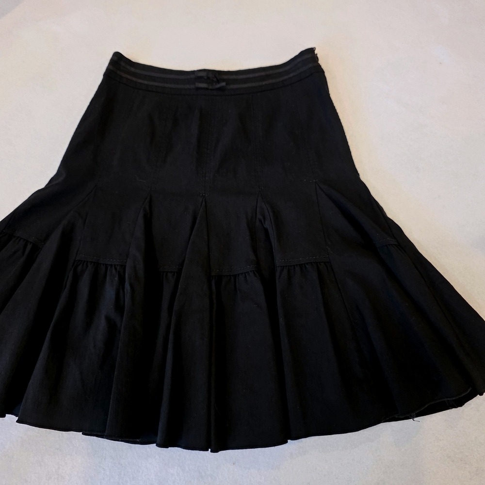 Odille Anthropologie Black Pleated Tiered Mini Skirt Ribbon Trim Side Zip 0 XS